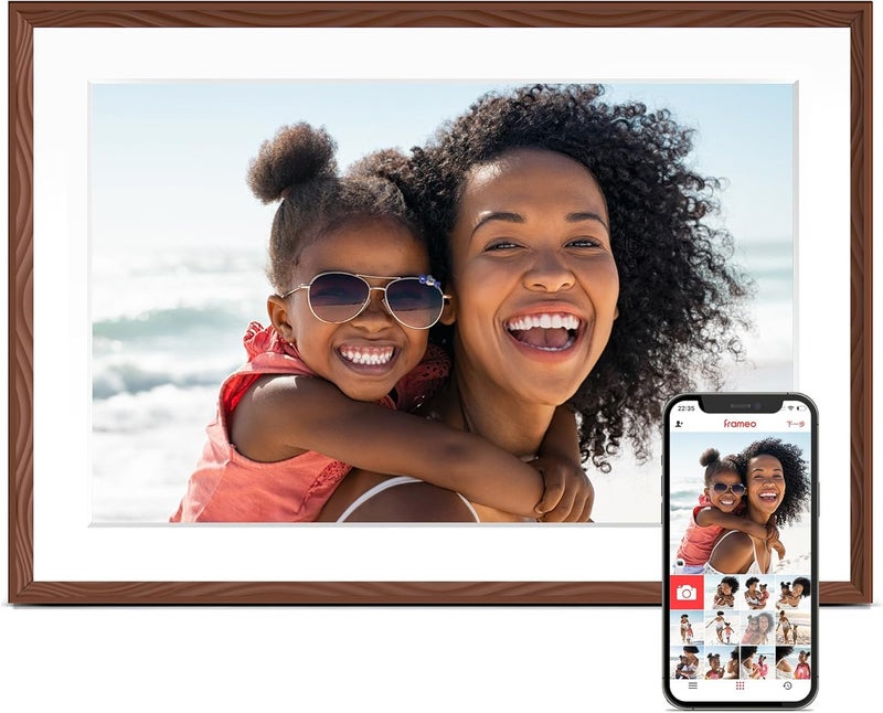 FLYRUIT Digital Picture Frame, 10.1'' Frameo Digital Frame Wifi, 1280*800 HD Touch Screen, 32GB Memory, Wall Mountable Digital Photo Frame, Auto-Rotate, Share Instantly, Wedding, Birthday Gifts for Mom, Brown - Image 1